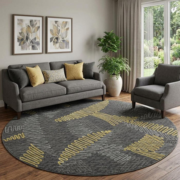 8' Botanical Leaves Washable Round Rug With UV Protection (645009) - Gray / Gold / Black