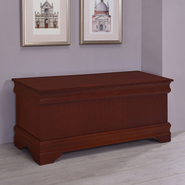 CoasterEssence Pablo cedar chest in warm brown wood with a smooth finish and classic design, furniture storage piece.