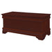 CoasterEssence Pablo cedar chest in warm brown wood with sleek design and sturdy construction, shown open with interior storage.