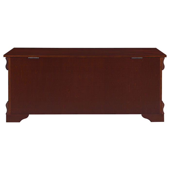CoasterEssence Pablo cedar chest in warm brown wood finish, featuring a classic rectangular furniture design with a smooth top surface.