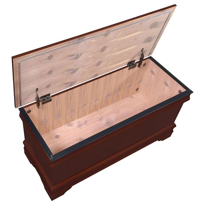 CoasterEssence Pablo cedar chest in warm brown wood finish with hinged lid and decorative paneling