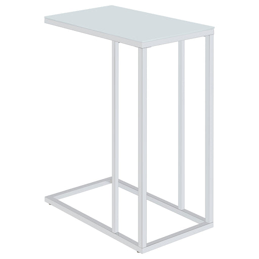Stella white glass top C-shaped sofa side table with chrome frame by CoasterEveryday