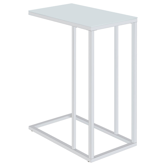 Stella white glass top C-shaped sofa side table with chrome frame by CoasterEveryday