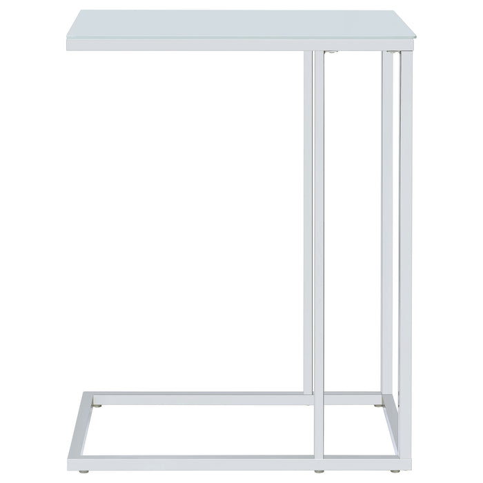 Stella white glass top C-shaped sofa side table with chrome frame by CoasterEveryday
