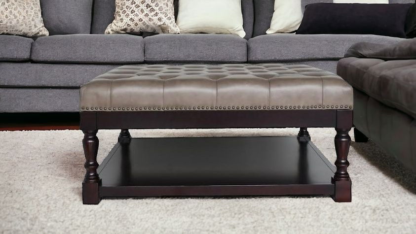 Leather And Solid Wood Coffee Table With Shelf - Gray And Dark Brown