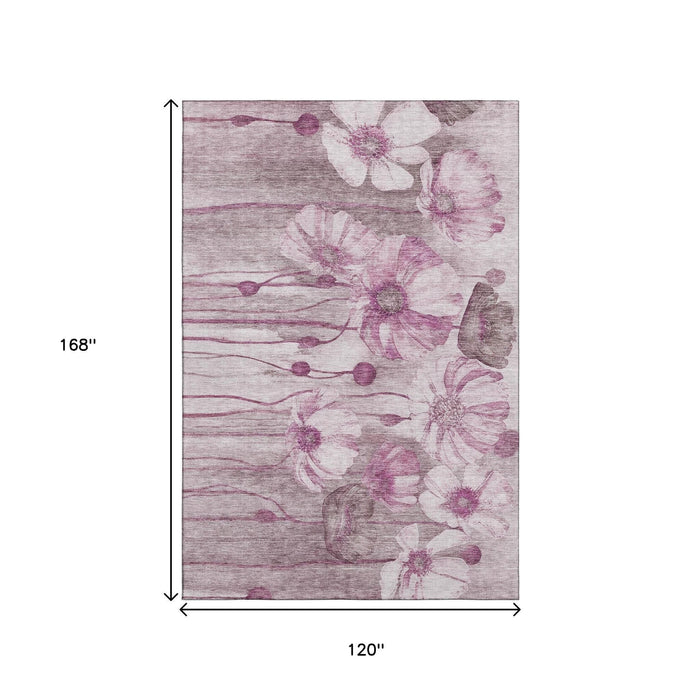 10' X 14' Floral Washable Area Rug With UV Protection (657311) - Plum / Ivory