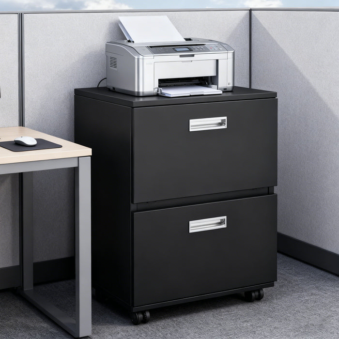 Black Giga office copier cabinet with two doors, steel construction, mobile pedestal stand, and file storage for printers and documents.