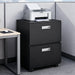 Black Giga office copier cabinet with two doors, steel construction, mobile pedestal stand, and file storage for printers and documents.