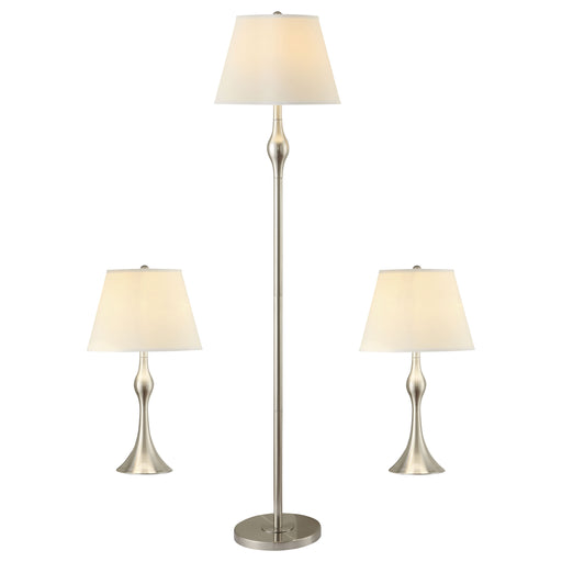 CoasterEssence Griffin 3-piece floor and table lamp set in brushed nickel finish