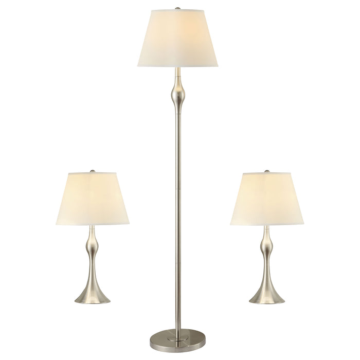 CoasterEssence Griffin 3-piece floor and table lamp set in brushed nickel finish