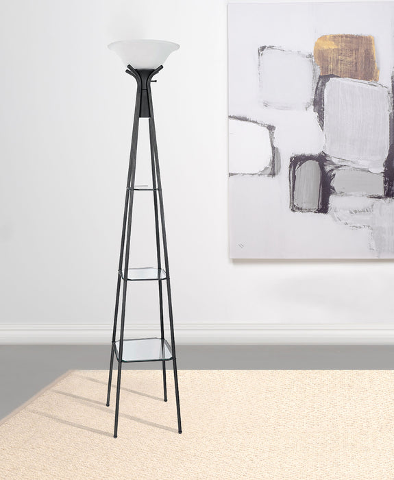 Black Gianni 70-inch 3-shelf frosted torchiere floor lamp with modern design, featuring integrated shelves for stylish lighting and storage.