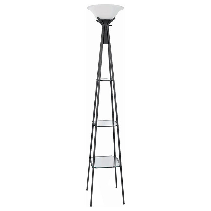 Black Gianni 70-inch 3-shelf frosted torchiere floor lamp with modern design, featuring a sleek black finish and integrated shelving.