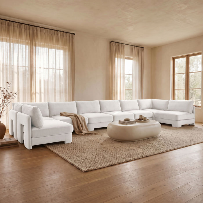 Beige Hammond velvet upholstered 8-piece U-shaped sectional sofa by Meridian Furniture, armless and designed for stylish seating.