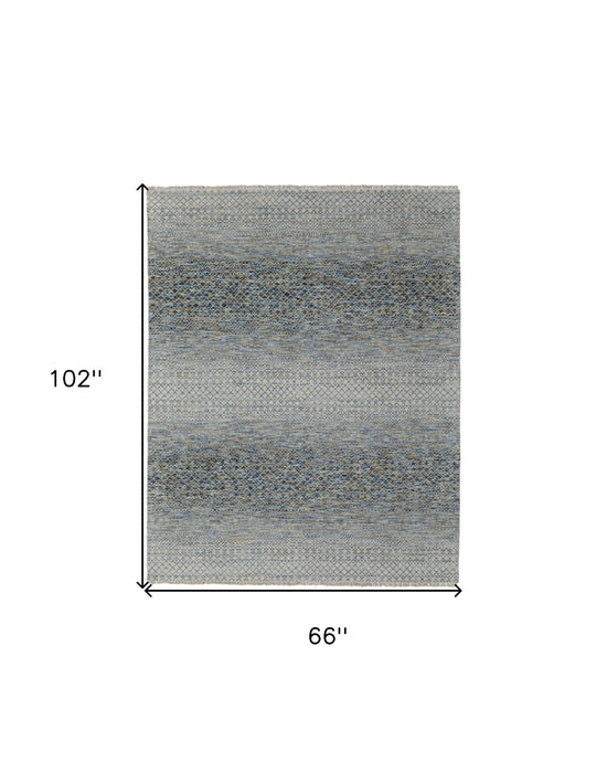 6' x 9' Wool Hand Knotted Area Rug With Fringe - Ivory Blue And Brown