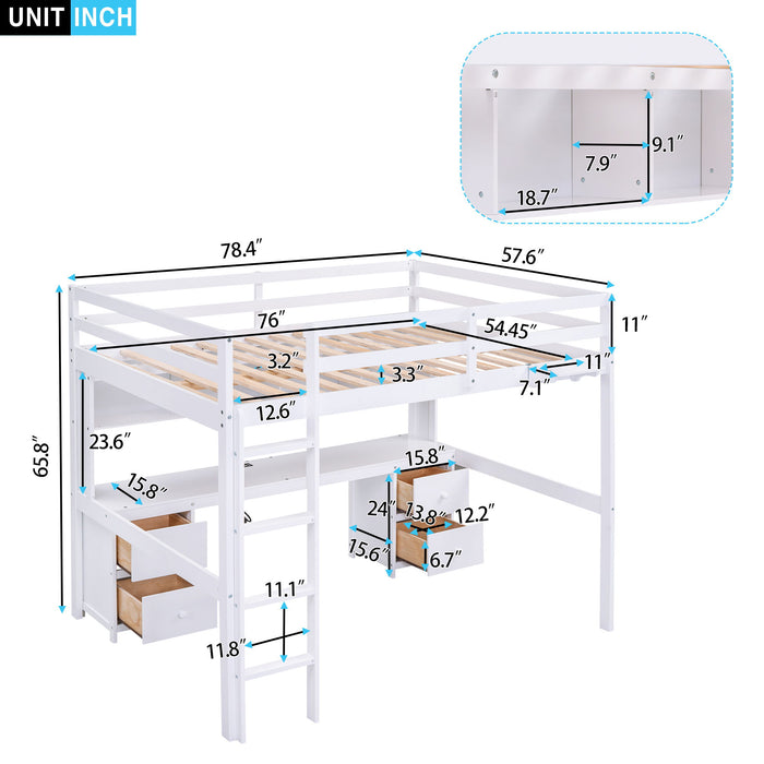 Giga loft bed with integrated desk, cabinets, drawers, charging station, and bedside tray, ideal for compact bedroom spaces.