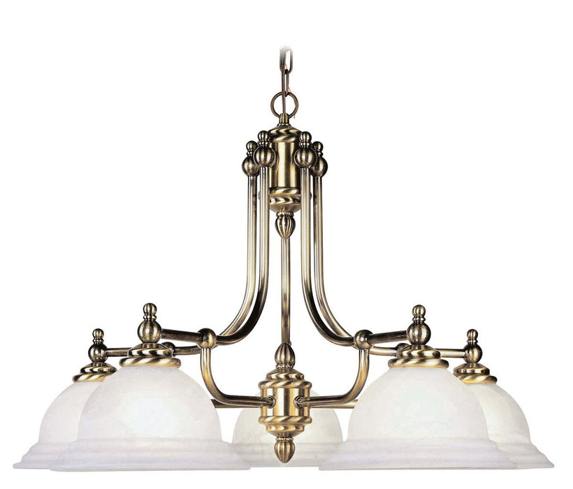 Five-light metal chandelier with white shades, antiqued brass finish, dimmable design, crafted by HomeRoots.