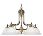 Five-light metal chandelier with white shades, antiqued brass finish, dimmable design, crafted by HomeRoots.