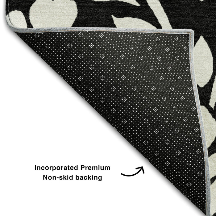10' X 14' Floral Washable Area Rug With UV Protection (669588) - Black / Ivory