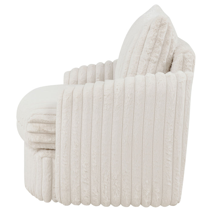 Ivory Sarco corduroy upholstered swivel accent arm chair with a modern design, featuring plush cushioning and sleek wooden legs.