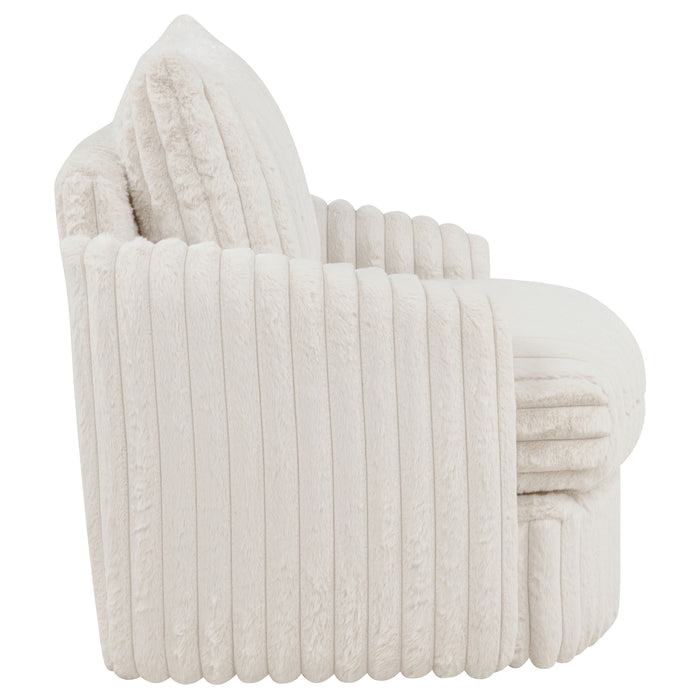 Ivory Sarco corduroy upholstered swivel accent arm chair with a modern design and comfortable armrests.