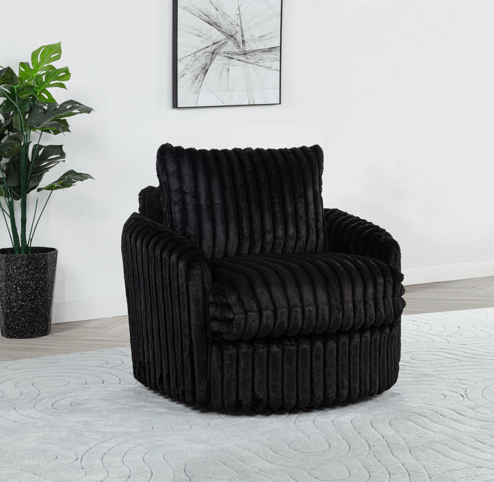 Black Sarco corduroy swivel accent arm chair with upholstered armrests and modern design, perfect for living room decor.