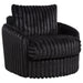 Black Sarco corduroy swivel armchair with upholstered accent design, featuring a sleek, modern furniture style from CoasterEveryday.