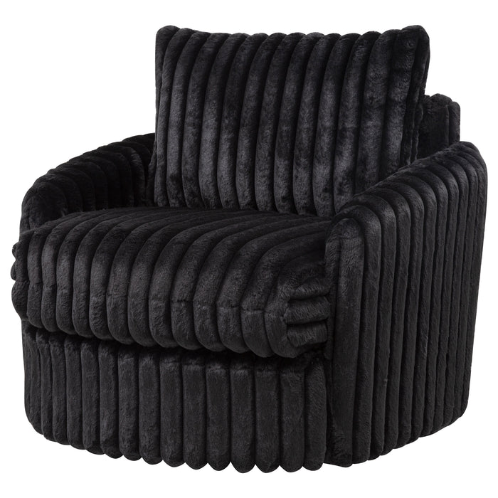 Black Sarco corduroy upholstered swivel accent arm chair with a modern design, featuring plush cushioning and a sturdy base.
