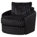 Black Sarco corduroy upholstered swivel accent arm chair with a modern design, featuring plush cushioning and a sturdy base.