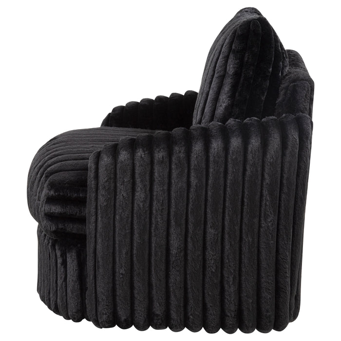 Black Sarco corduroy swivel accent arm chair with upholstered seat and armrests, stylish furniture piece.