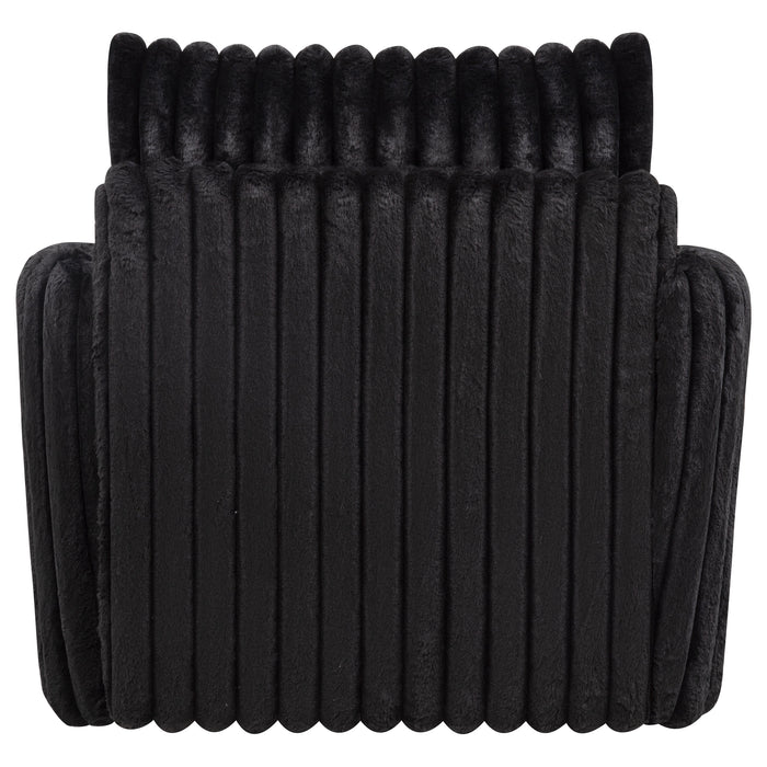 Black Sarco corduroy swivel accent arm chair with upholstered armrests and modern design, ideal for living rooms.