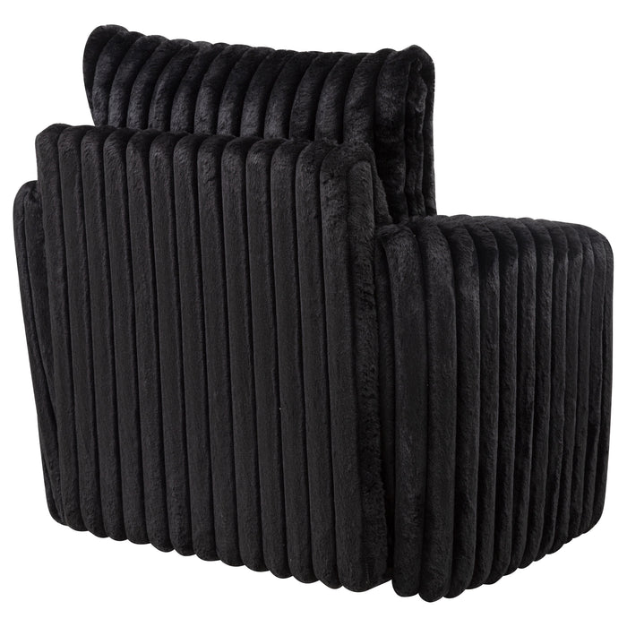 Black Sarco corduroy upholstered swivel accent arm chair with a modern design and armrests, by CoasterEveryday furniture.