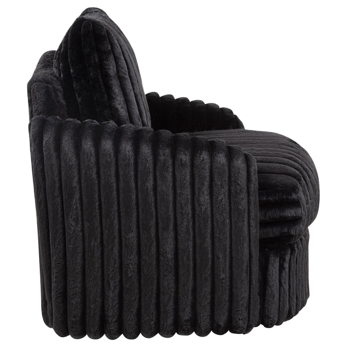 Black Sarco corduroy upholstered swivel accent arm chair with cushioned back and armrests, modern furniture from CoasterEveryday.