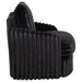 Black Sarco corduroy upholstered swivel accent arm chair with cushioned back and armrests, modern furniture from CoasterEveryday.