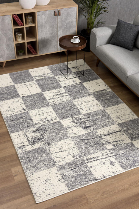 8' x 11' Checkered Area Rug - White And Gray