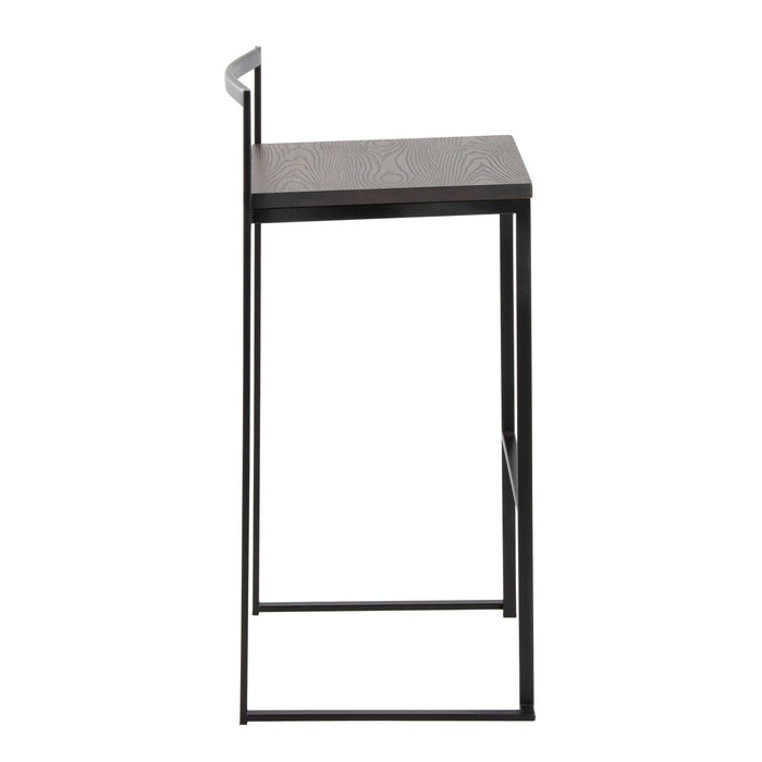 Fuji - 30" Stackable Barstool With Espresso Wood-Pressed Grain Bamboo Seat (Set of 2) - Black Metal