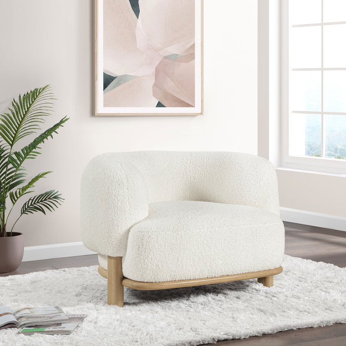 Lawler upholstered barrel back accent chair in ivory fabric with a natural wood base by CoasterEveryday