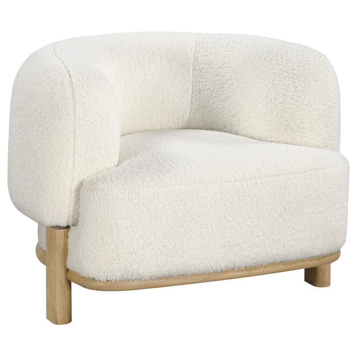 Lawler upholstered barrel back accent chair by CoasterEveryday in ivory fabric with natural wood legs