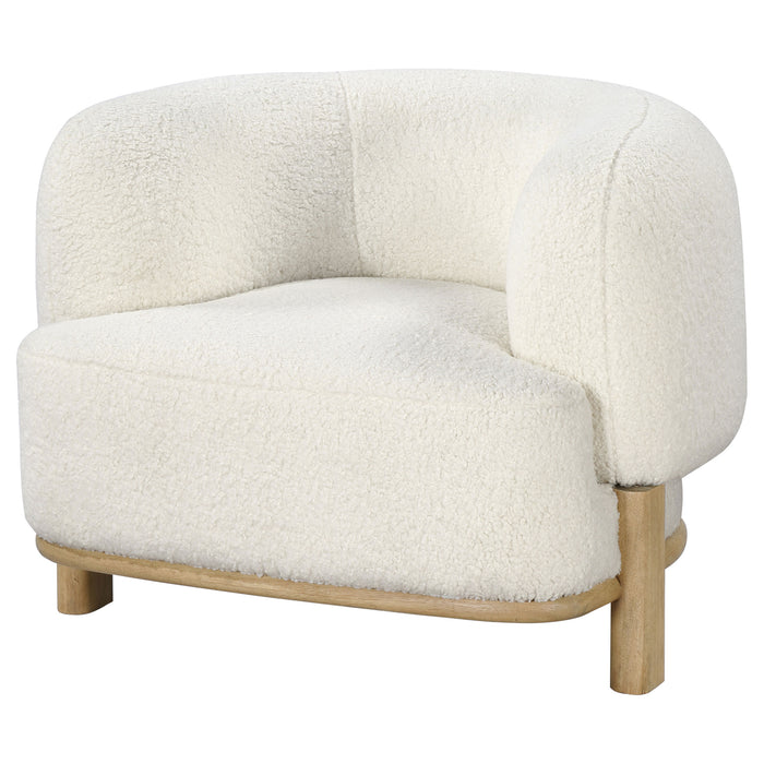 Lawler upholstered barrel back accent chair by CoasterEveryday in ivory fabric with natural wood finish