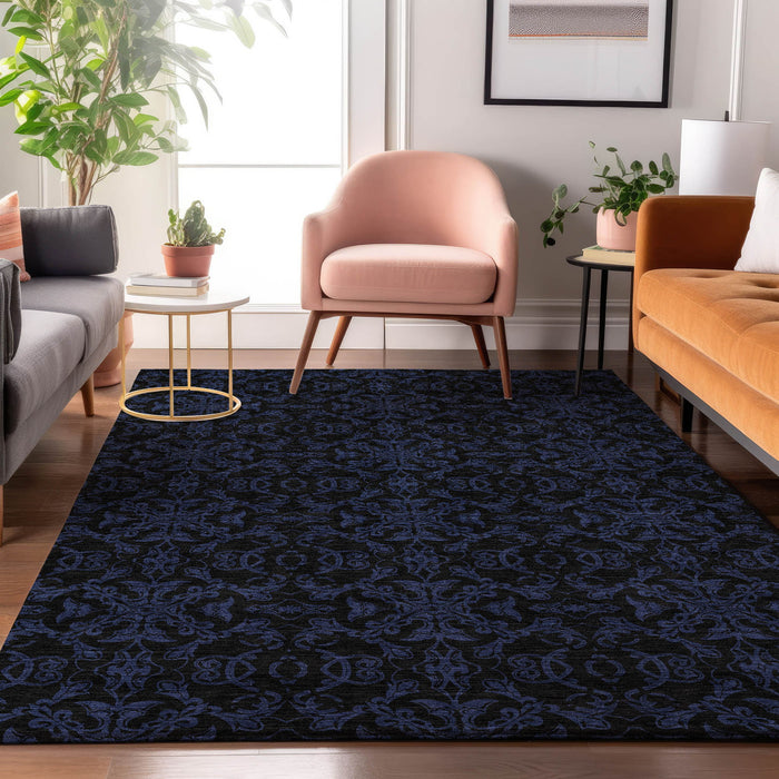 9' X 12' Medallion Washable Area Rug With UV Protection - Blue / Charcoal