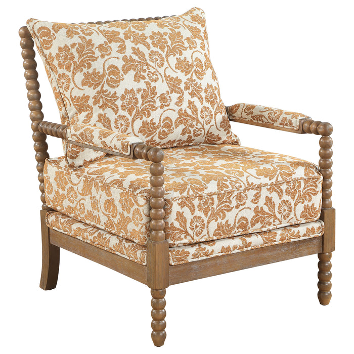 Blanchett upholstered bobbin accent chair in apricot fabric with distressed brown wood frame by CoasterEveryday