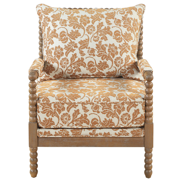 CoasterEveryday Blanchett upholstered bobbin accent chair in apricot with distressed brown wood frame