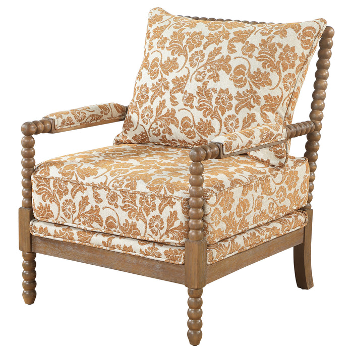 Blanchett upholstered bobbin accent chair in apricot fabric with distressed brown wood frame by CoasterEveryday