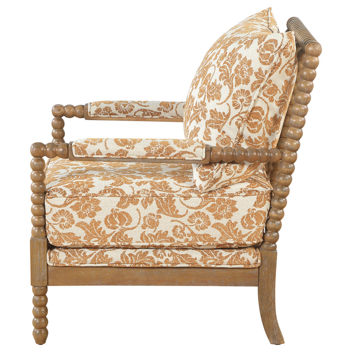 Blanchett upholstered bobbin accent chair in apricot fabric with distressed brown wood frame by CoasterEveryday