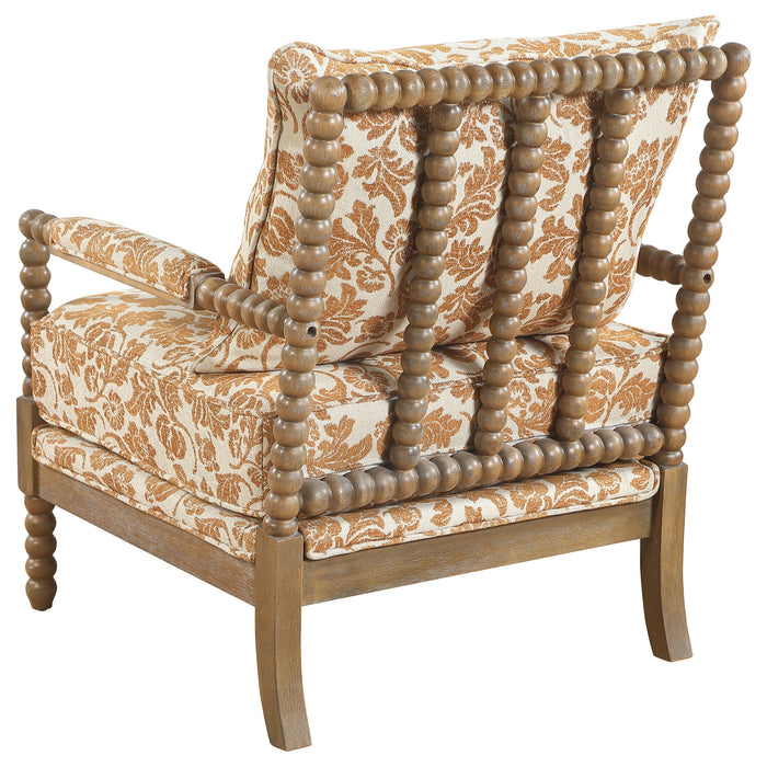 Blanchett upholstered bobbin accent chair in apricot fabric with distressed brown wood frame by CoasterEveryday