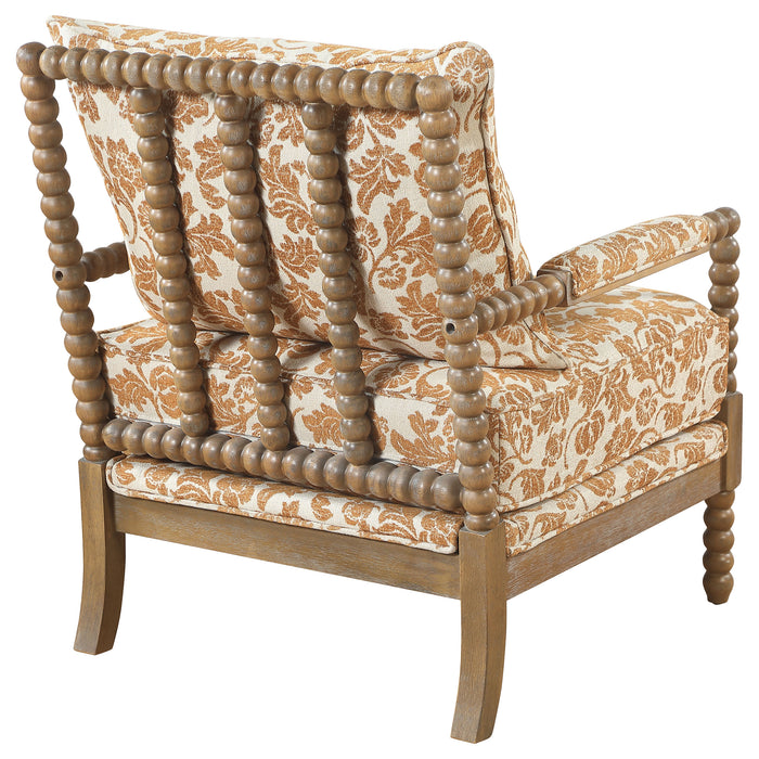 Blanchett upholstered bobbin accent chair in apricot fabric with distressed brown wood frame by CoasterEveryday