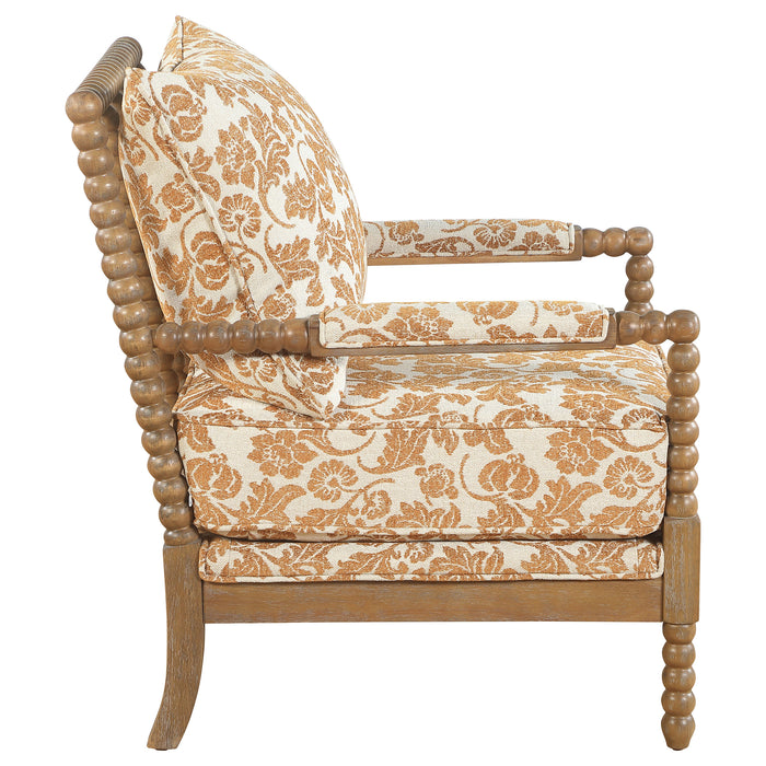 Blanchett upholstered bobbin accent chair in apricot fabric with distressed brown wood frame by CoasterEveryday