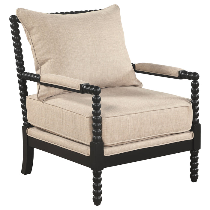 CoasterEveryday Blanchett upholstered bobbin accent chair in beige with black wood frame