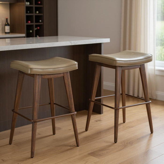 31" Faux Leather And Steel Backless Bar Height Bar Chairs (Set of 2) - Taupe / Walnut