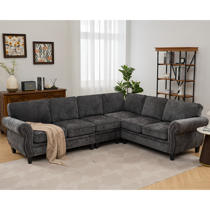 [NEW ARRIVED] [VIDEO PROVIDED] 109.5' Modular Sectional Sofa , Rivets Decorated & Rolled Armrest,L Shaped Couch for Living Room, Corner Couch, Chenille,6 Seater,7 Back Cushion, Dark Gary