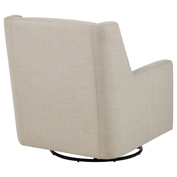 CoasterEveryday Sorrel latte fabric upholstered swivel glider arm chair with padded seat and curved arms